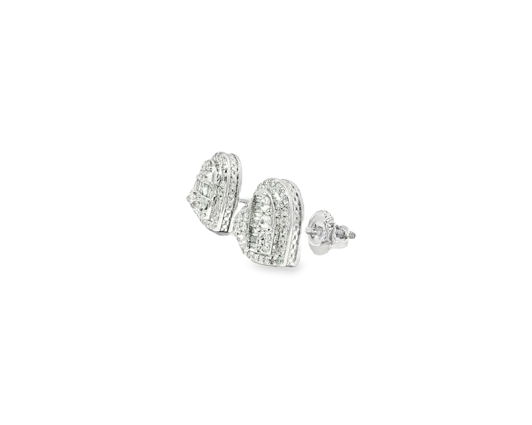 10K Gold Diamond Heart Stud Earrings with Baguette Accents 0.50 CT