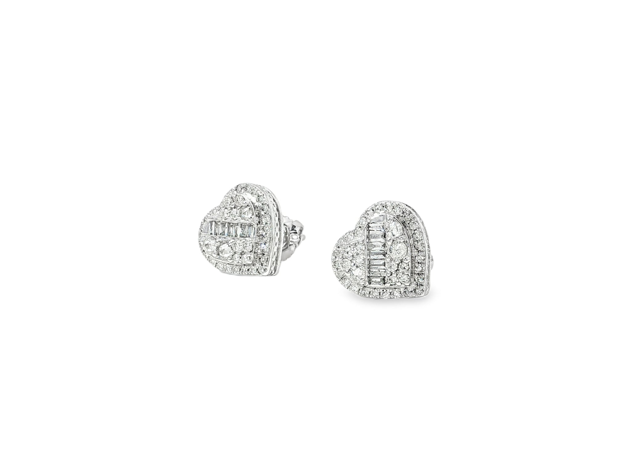 10K Gold Diamond Heart Stud Earrings with Baguette Accents 0.50 CT