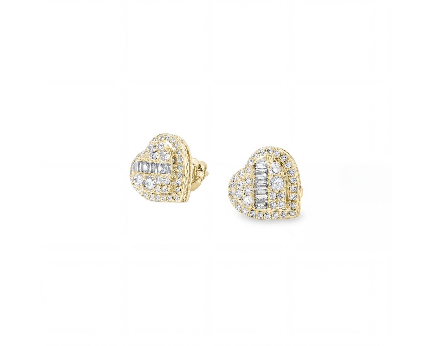 10K Gold Diamond Heart Stud Earrings with Baguette Accents 0.50 CT