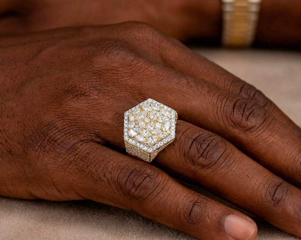 10k Gold Diamond Men's Hexagon Cluster Ring with Pavé Halo 3.80ct