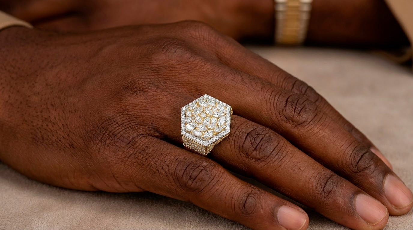 10k Gold Diamond Men's Hexagon Cluster Ring with Pavé Halo 3.80ct