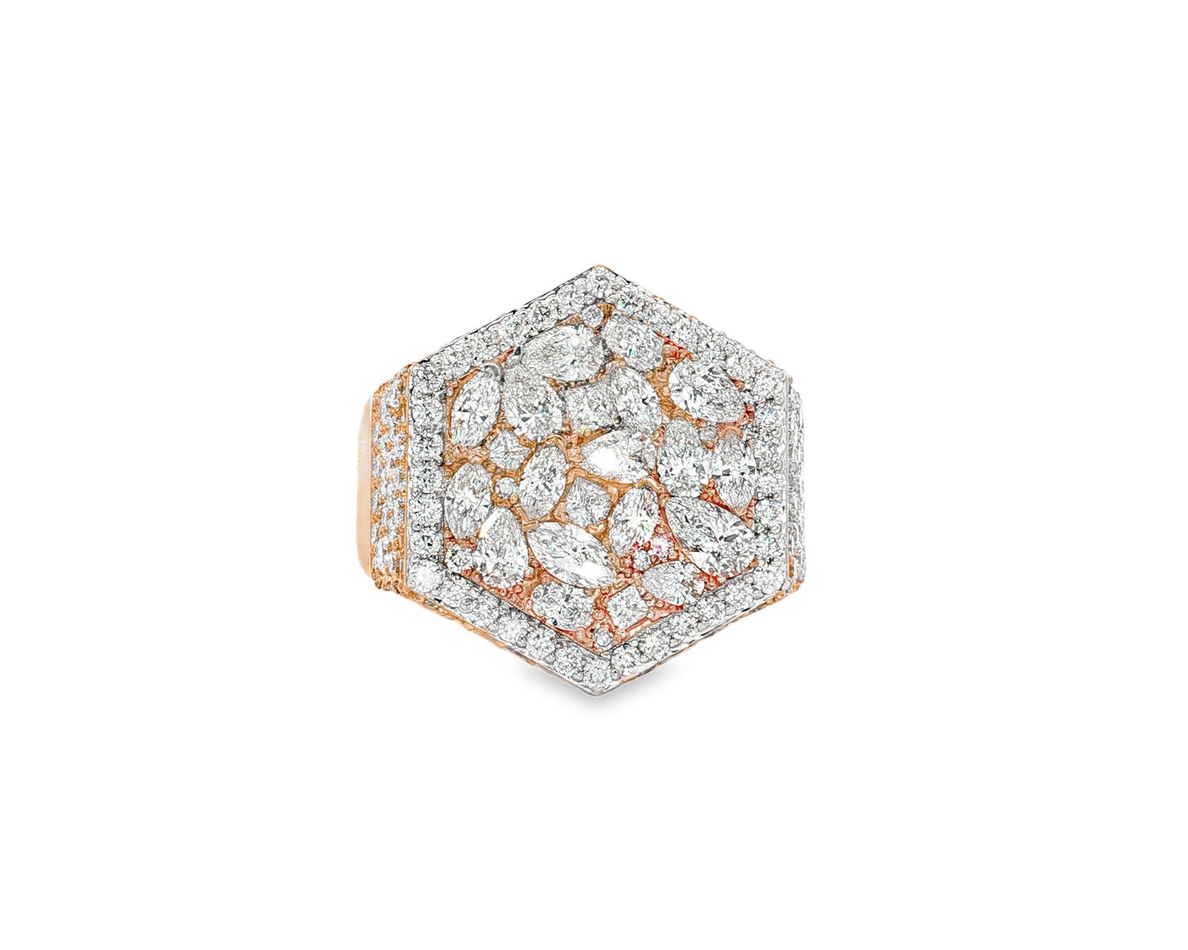 10k Gold Diamond Men's Hexagon Cluster Ring with Pavé Halo 3.80ct