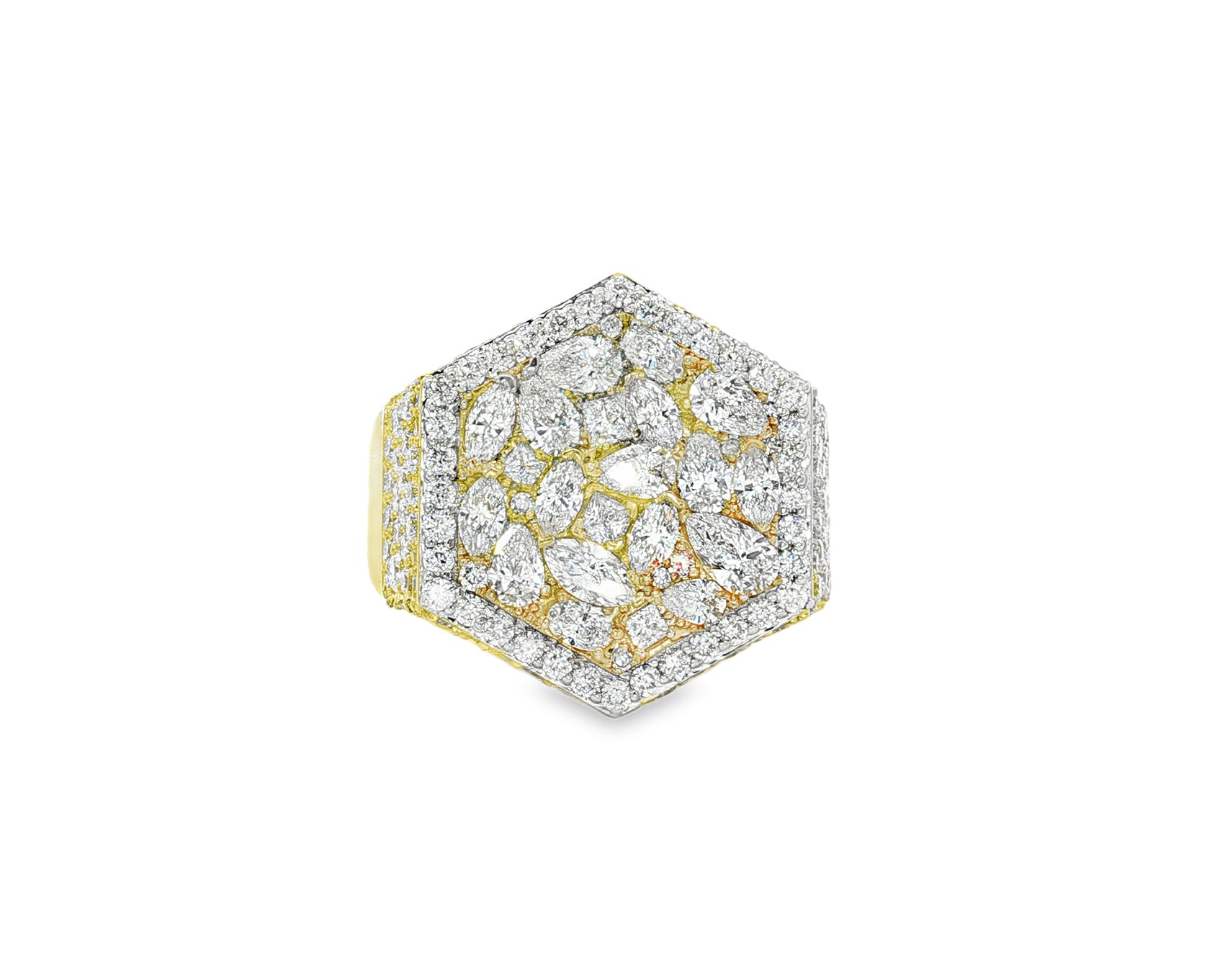 10k Gold Diamond Men's Hexagon Cluster Ring with Pavé Halo 3.80ct