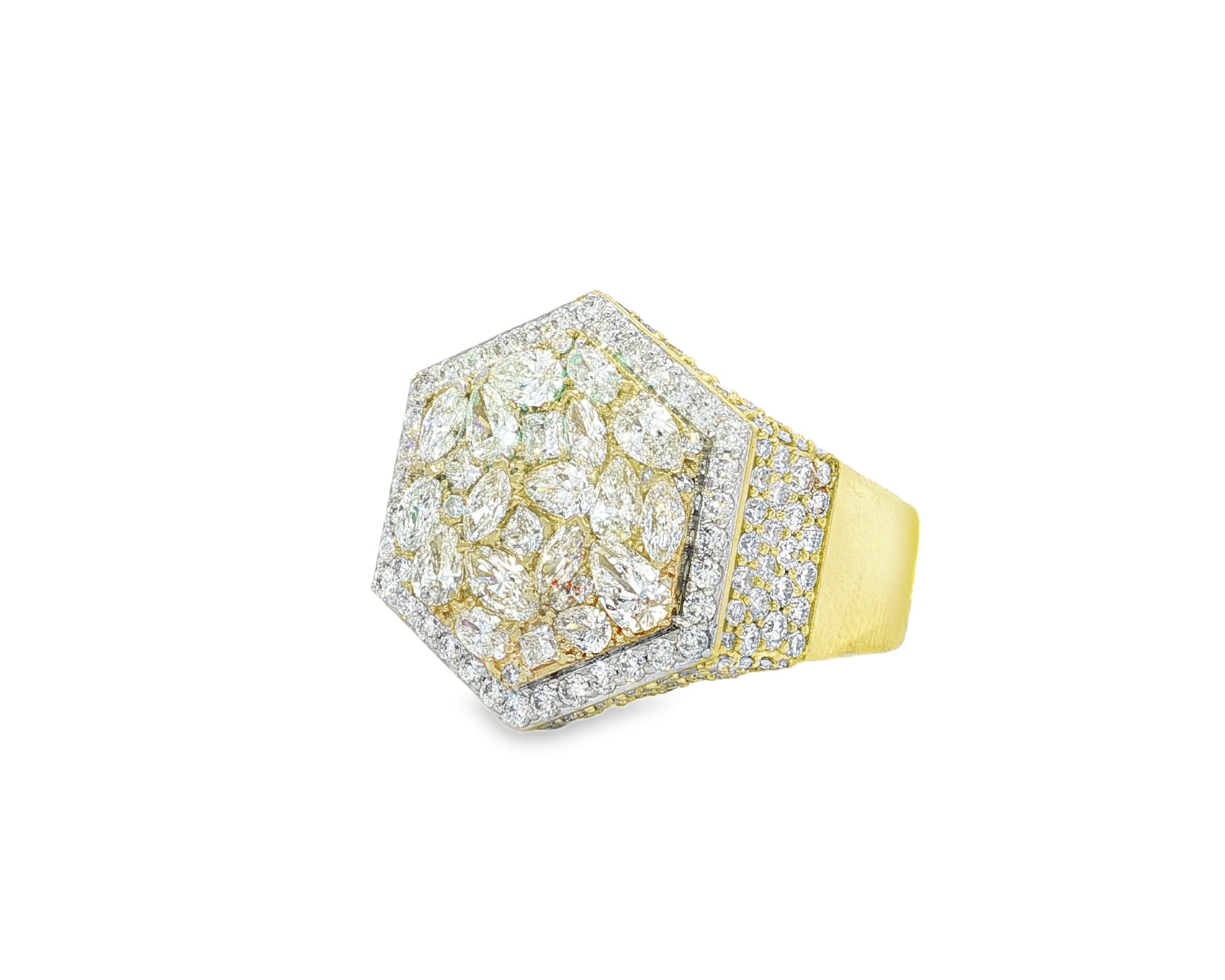 10k Gold Diamond Men's Hexagon Cluster Ring with Pavé Halo 3.80ct