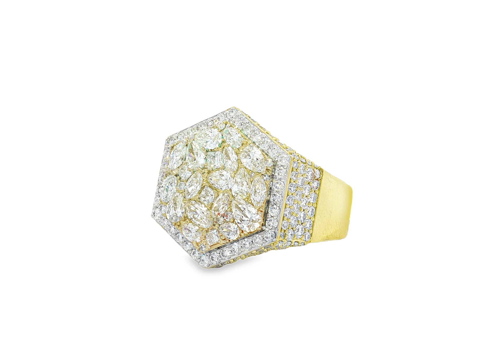 10k Gold Diamond Men's Hexagon Cluster Ring with Pavé Halo 3.80ct