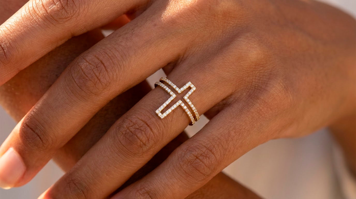 10K Gold Open Cross Ring with Pavé Cubic Zirconia Accents