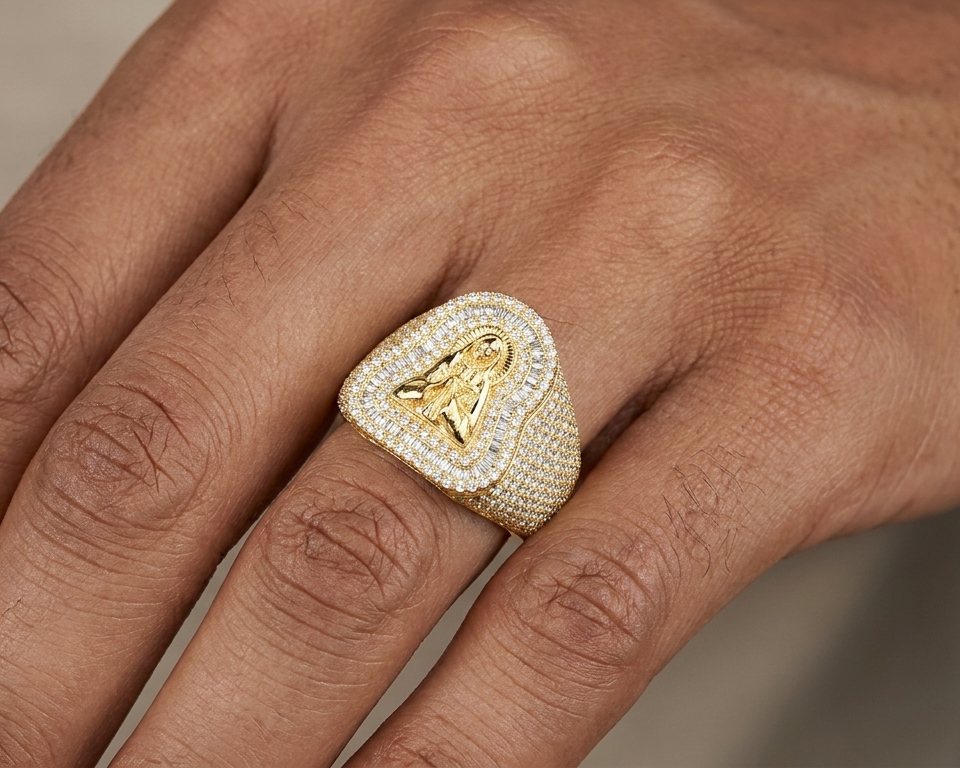 10k Gold Diamond Ring with Virgin Mary Design & Round-Cut Accents 2.50ct