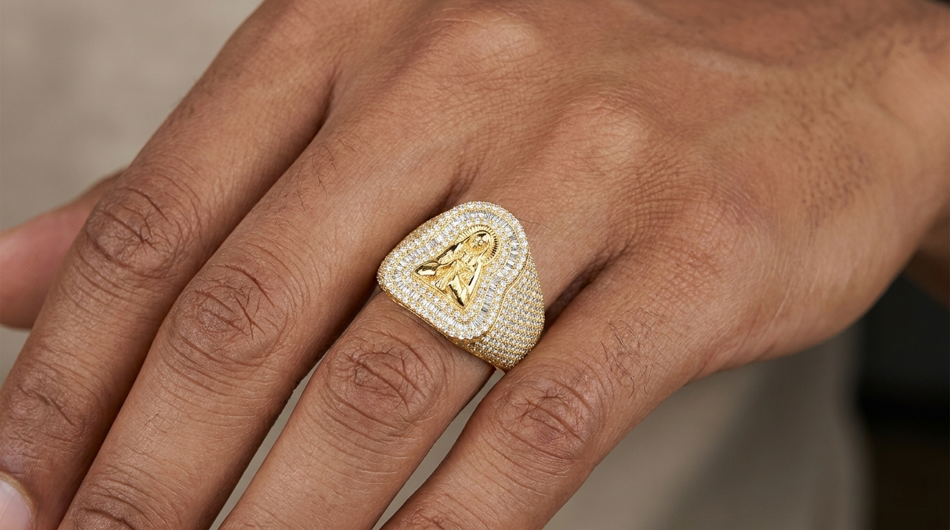10k Gold Diamond Ring with Virgin Mary Design & Round-Cut Accents 2.50ct