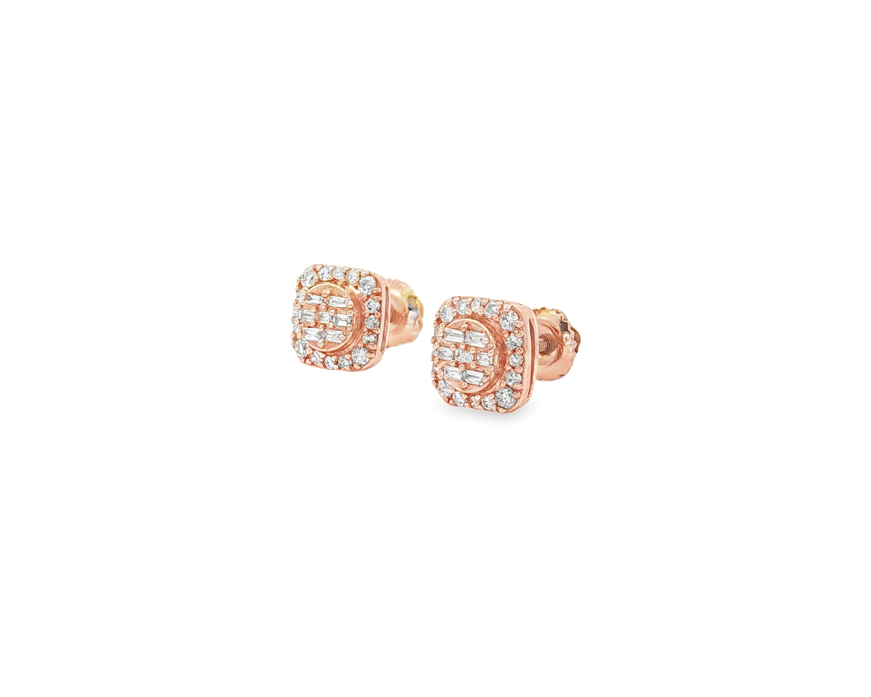 10K Gold Diamond Square Stud Earrings with Baguette & Pavé Accents 0.35 CT