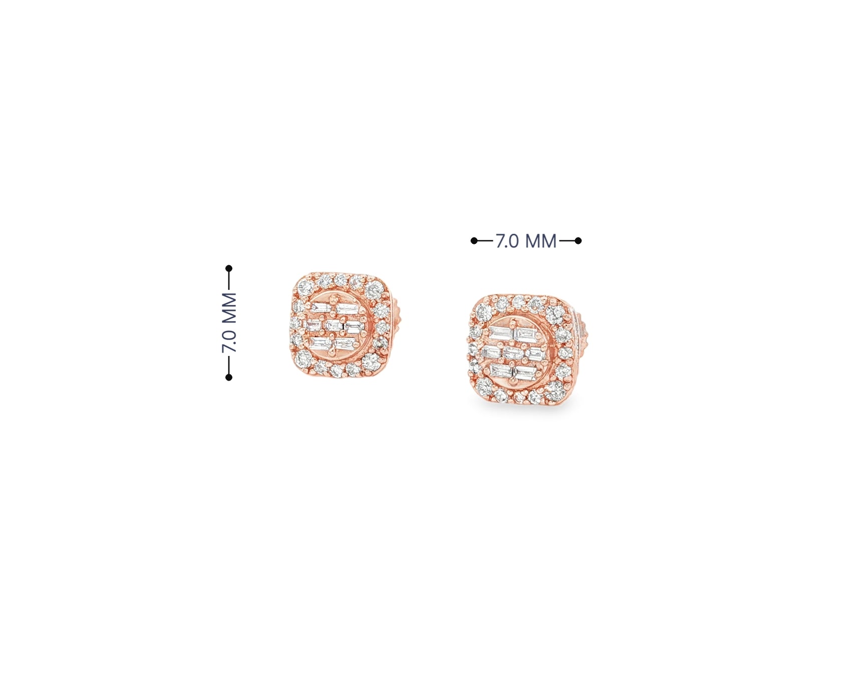 10K Gold Diamond Square Stud Earrings with Baguette & Pavé Accents 0.35 CT