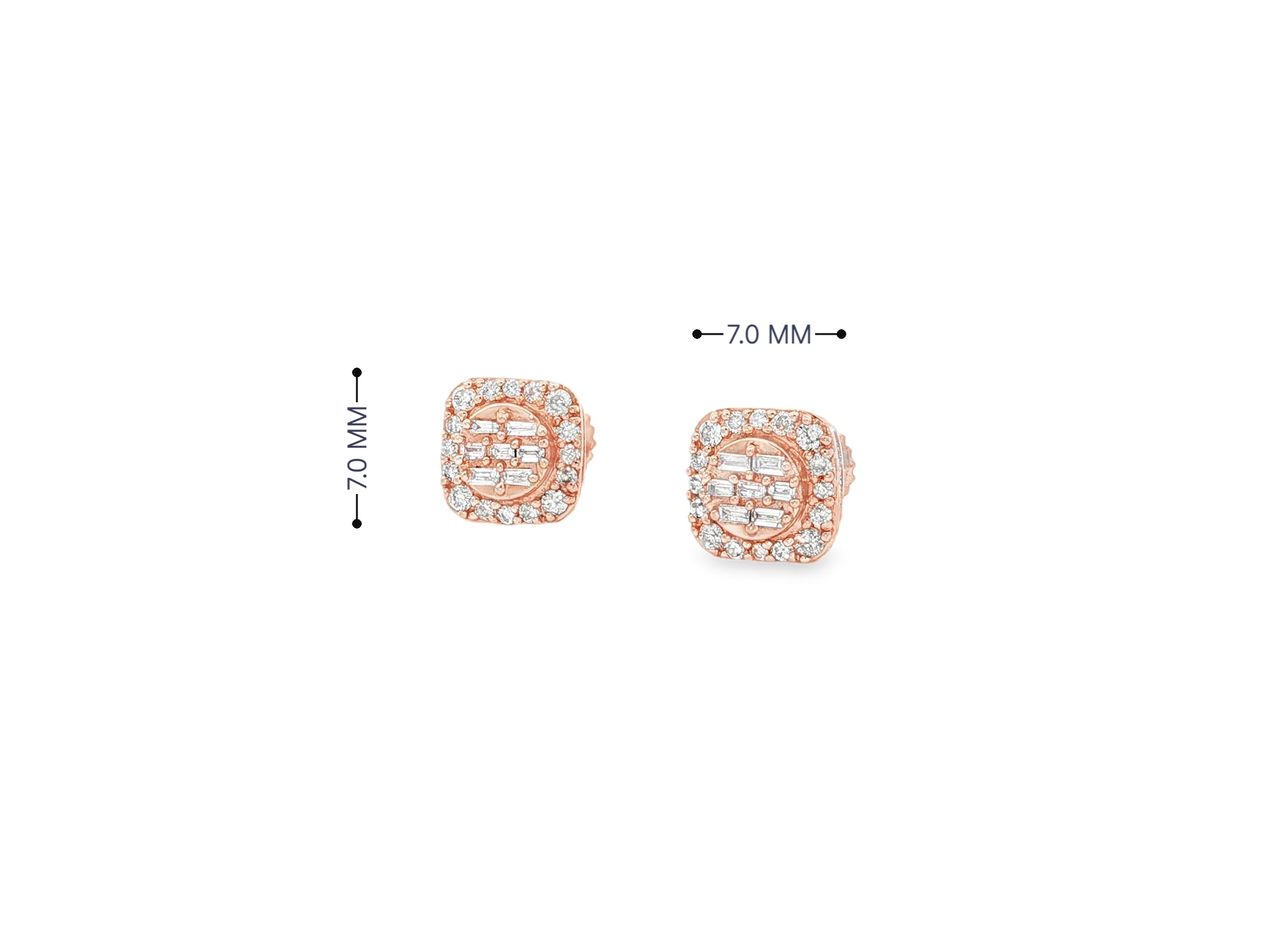 10K Gold Diamond Square Stud Earrings with Baguette & Pavé Accents 0.35 CT