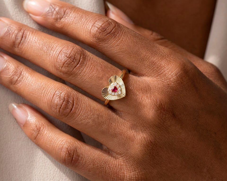 10K Gold Heart Halo Ring with Red Cubic Zirconia Center