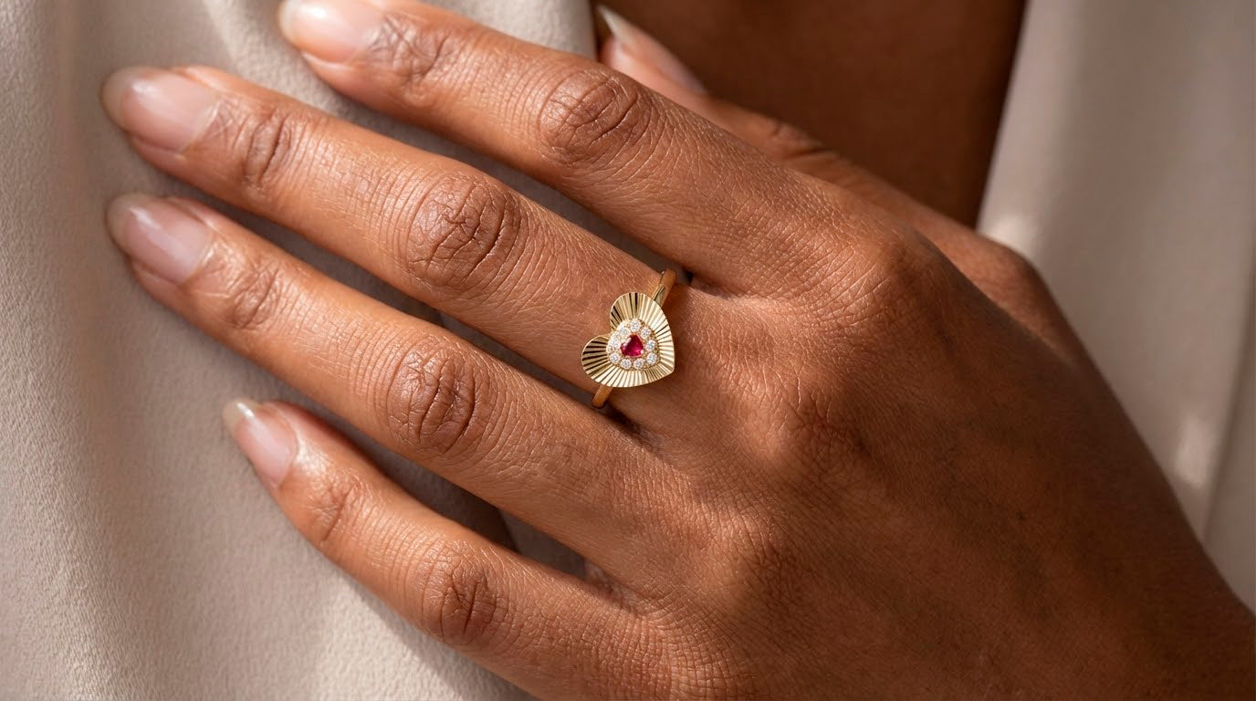 10K Gold Heart Halo Ring with Red Cubic Zirconia Center