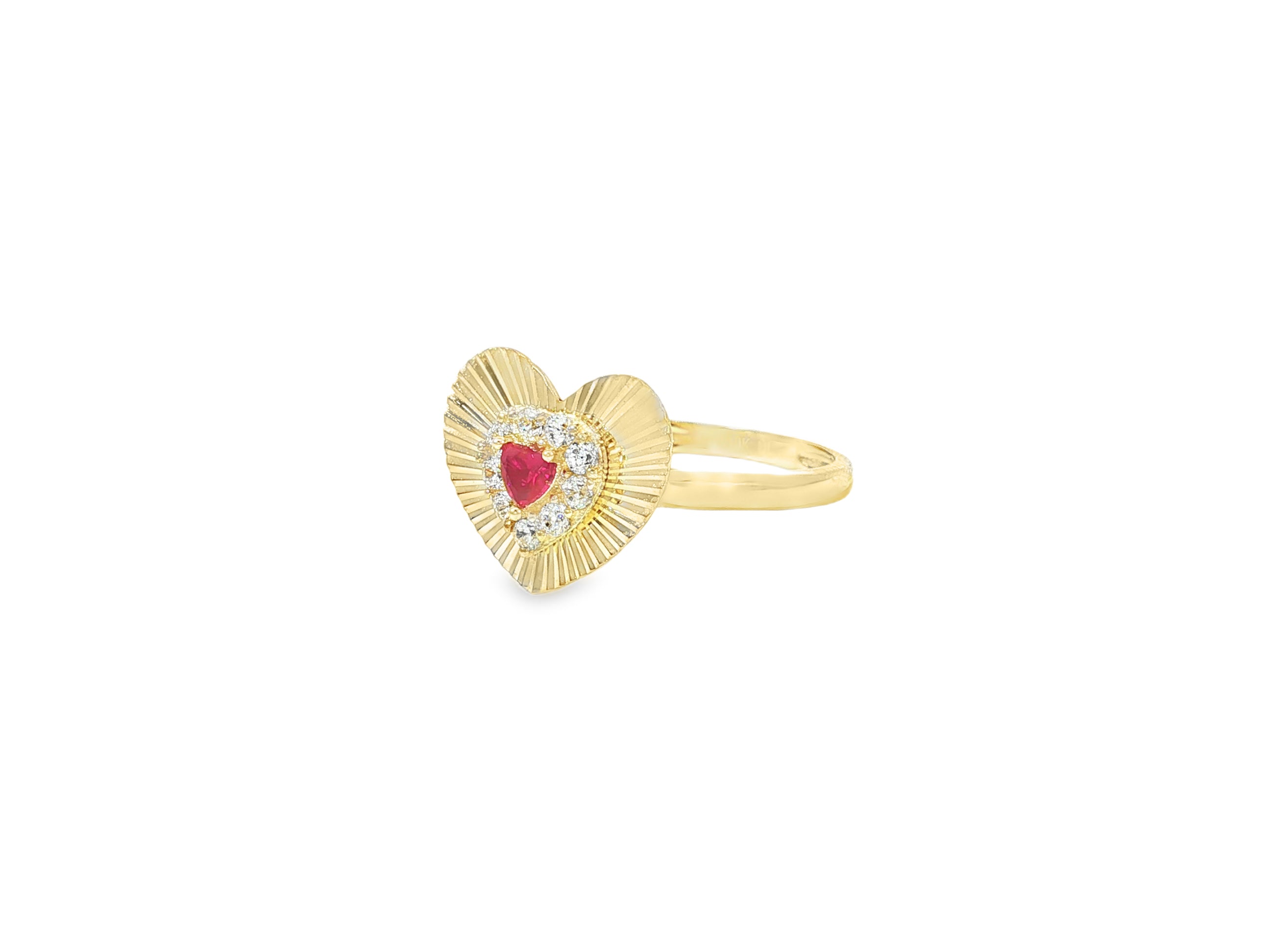 10K Gold Heart Halo Ring with Red Cubic Zirconia Center