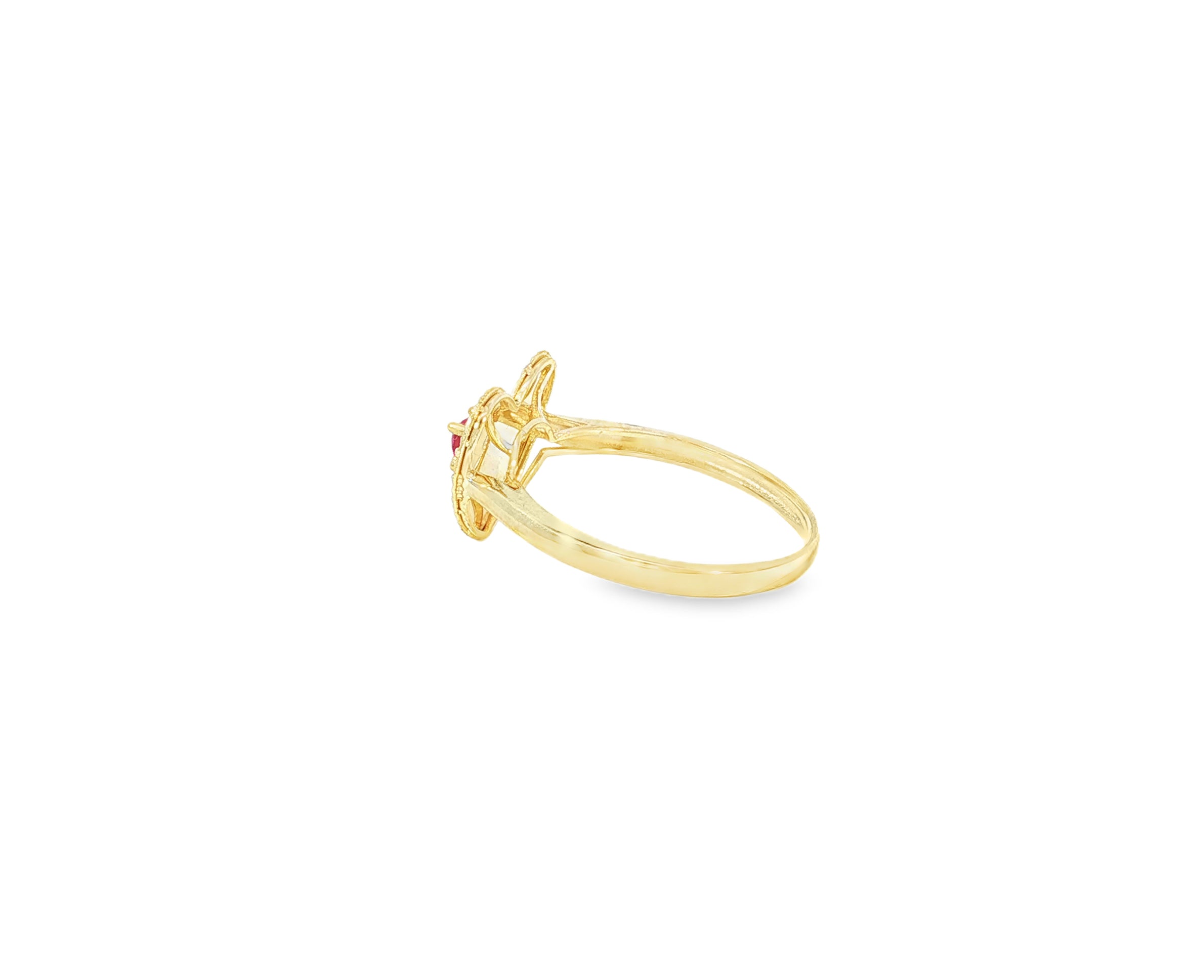 10K Gold Heart Halo Ring with Red Cubic Zirconia Center