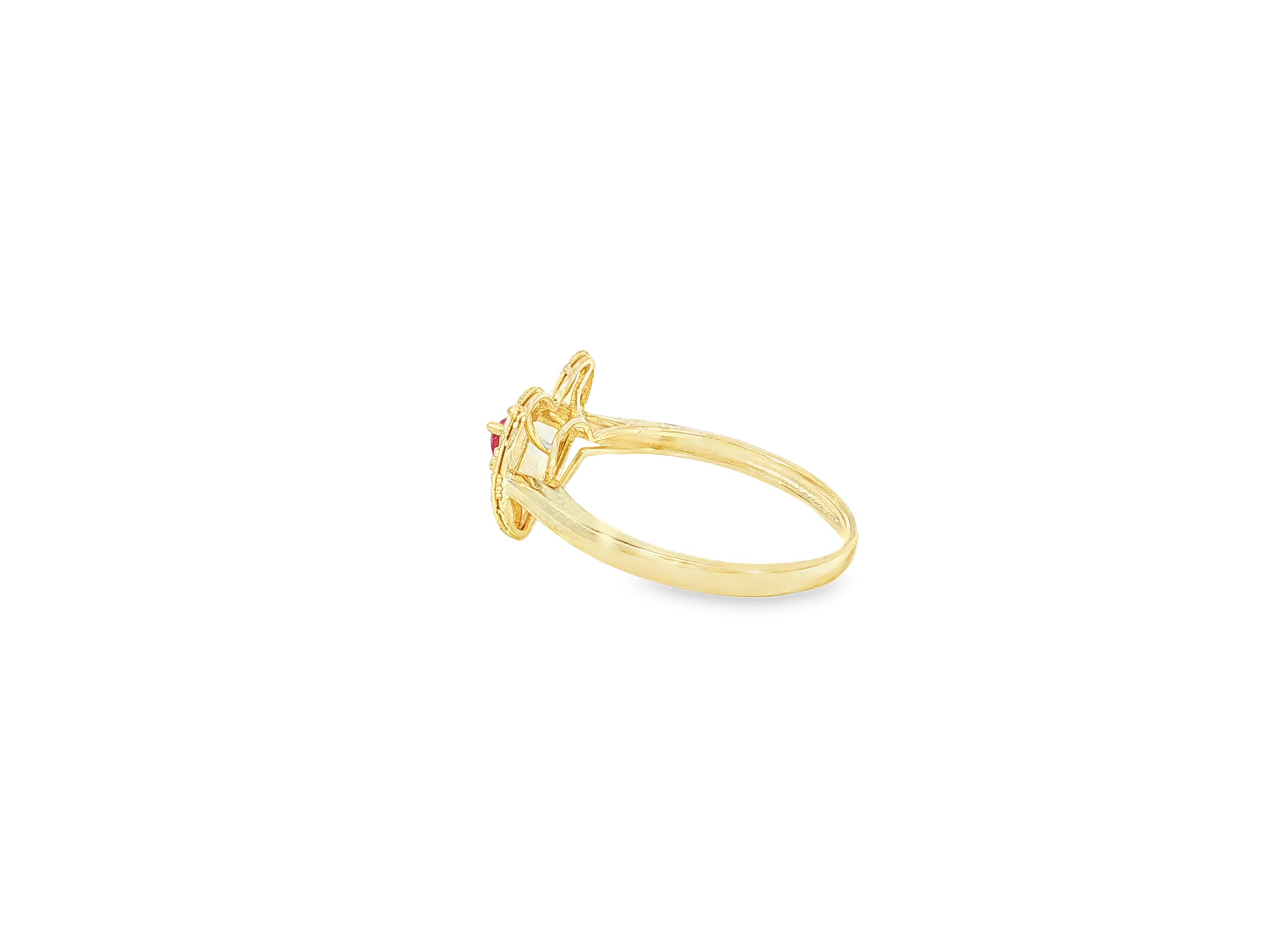 10K Gold Heart Halo Ring with Red Cubic Zirconia Center