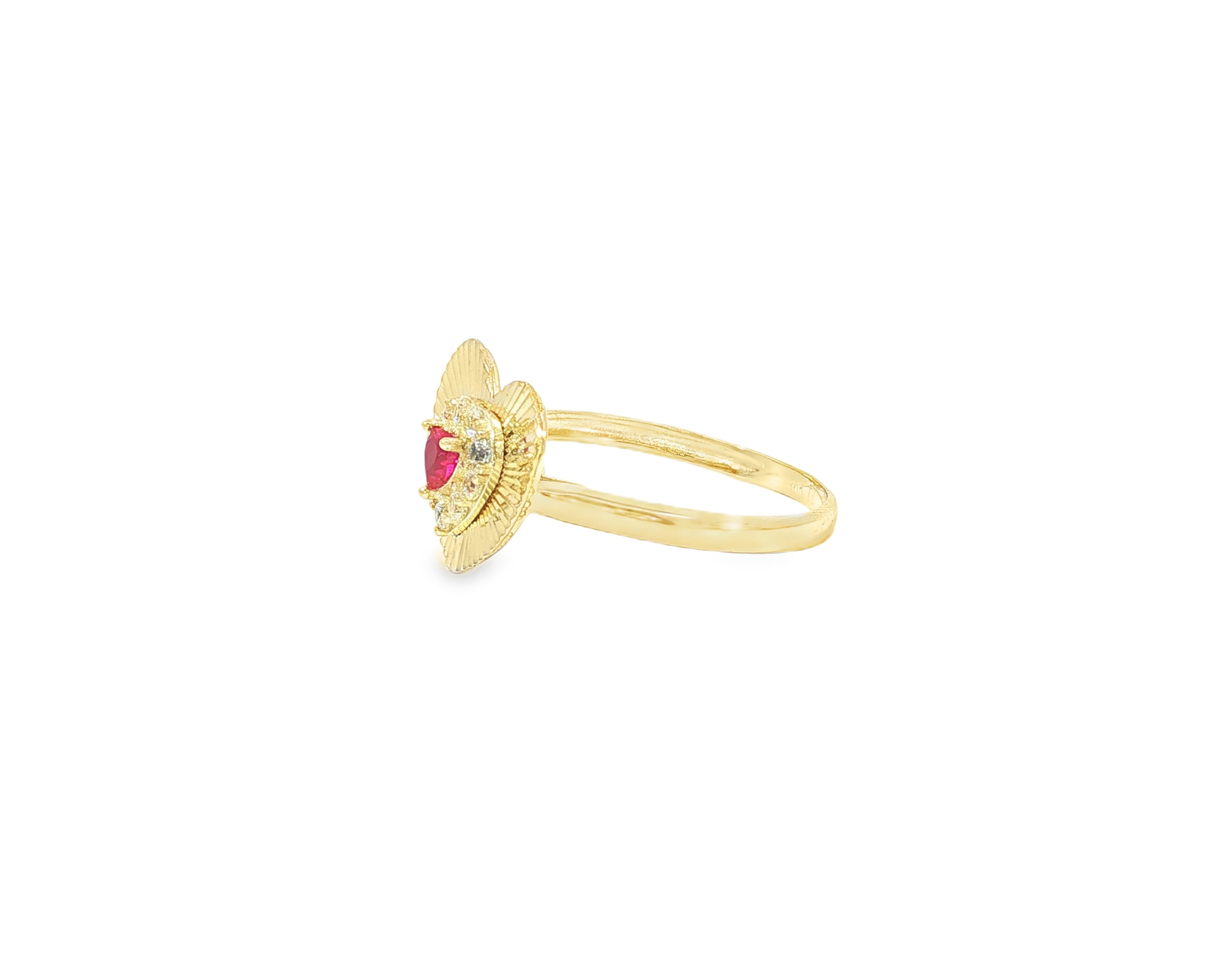 10K Gold Heart Halo Ring with Red Cubic Zirconia Center