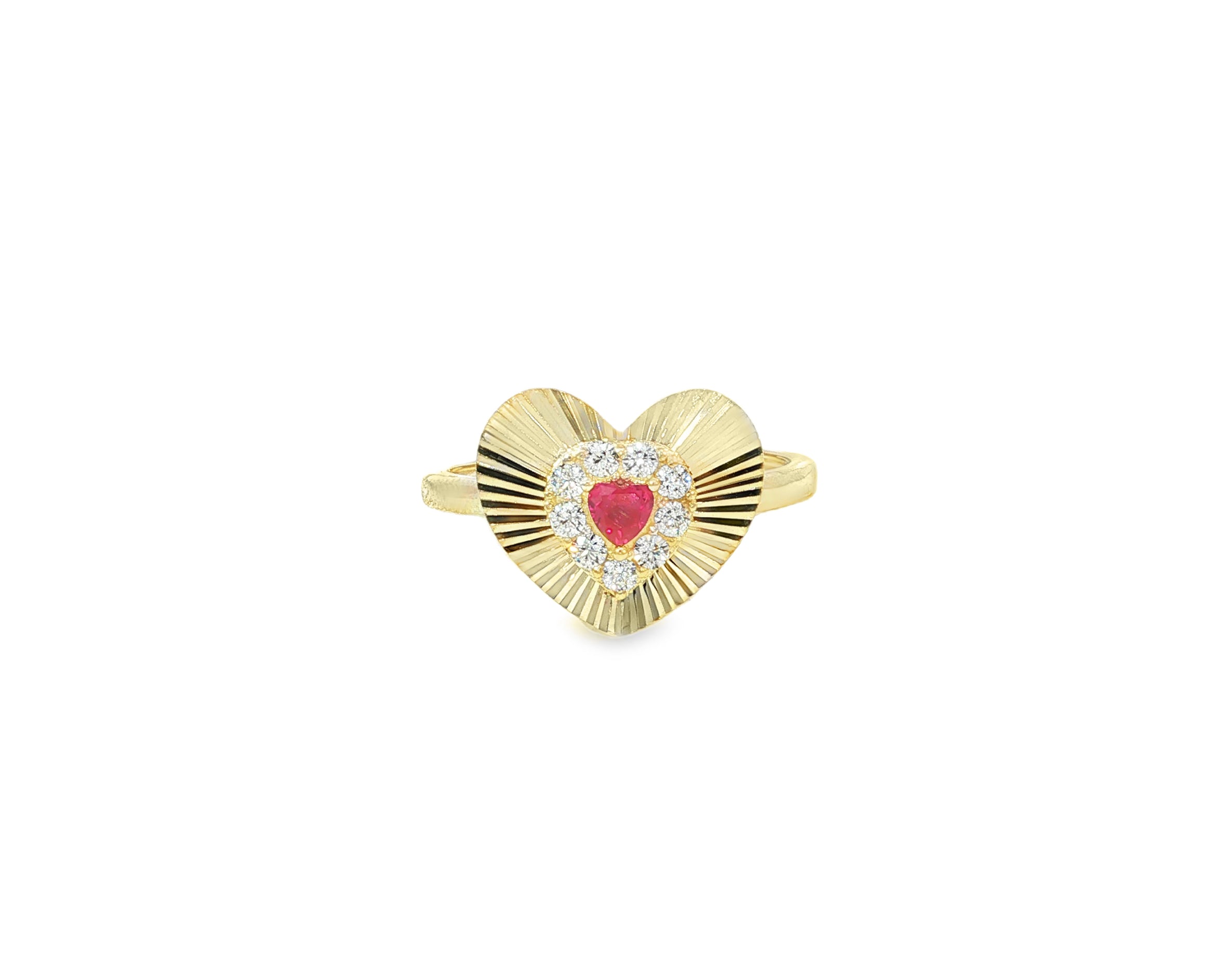 10K Gold Heart Halo Ring with Red Cubic Zirconia Center