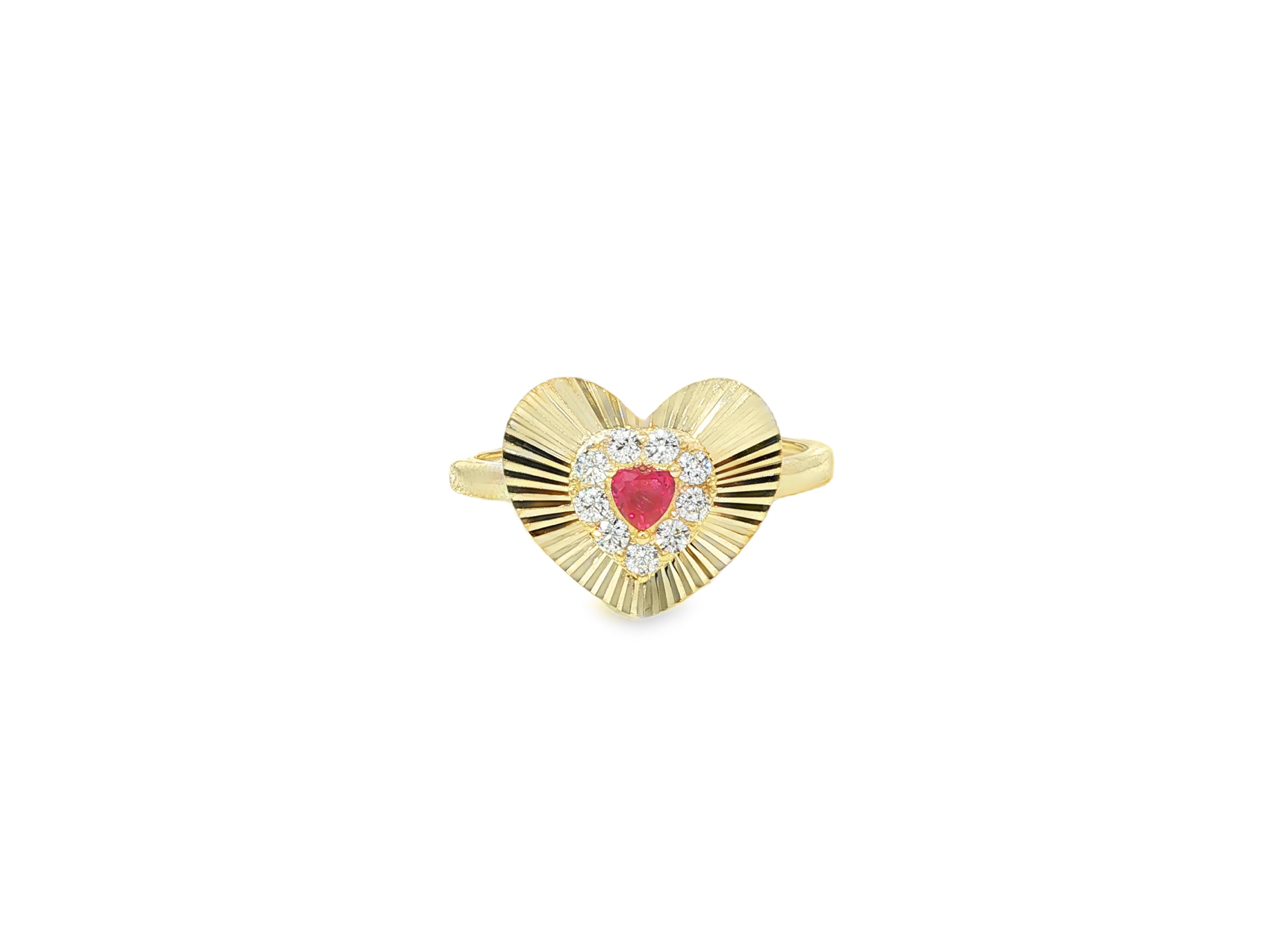 10K Gold Heart Halo Ring with Red Cubic Zirconia Center