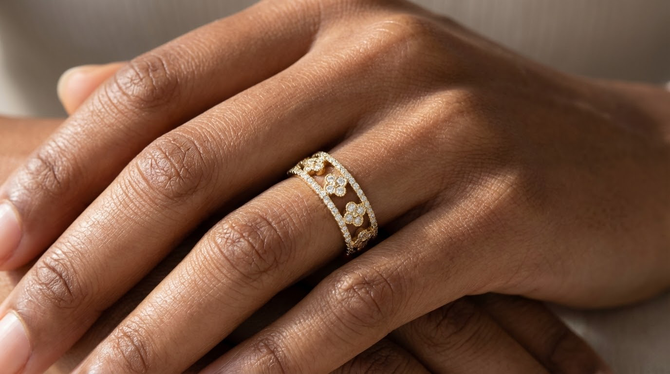 10K Gold Wide Filigree Band with Pavé Cubic Zirconia Accents