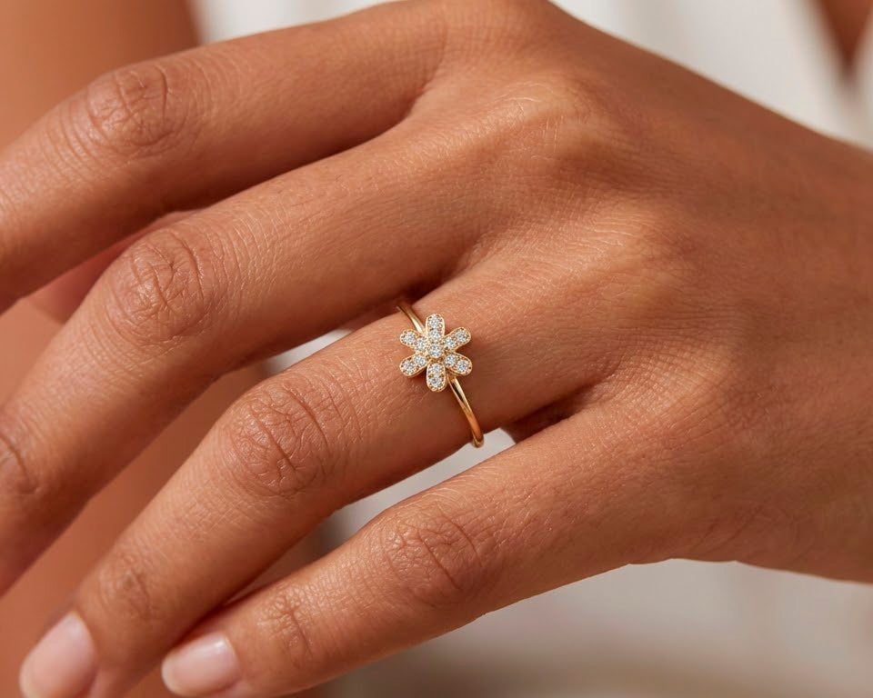 10K Gold Floral Pavé Cubic Zirconia Ring