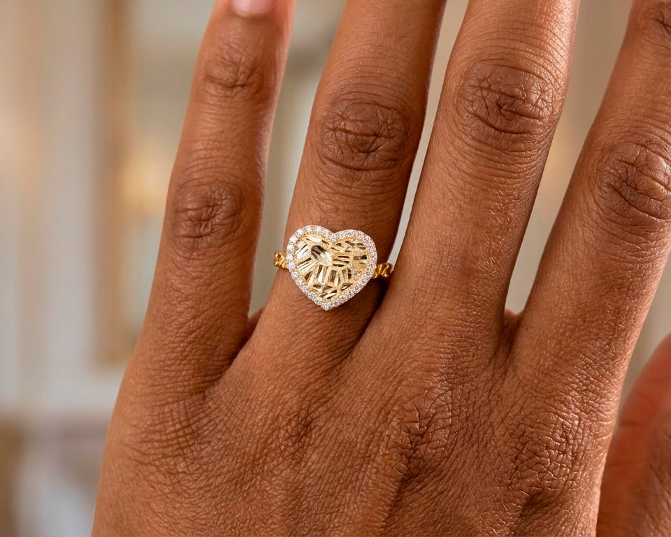10K Gold Textured Open Heart Cubic Zirconia Ring