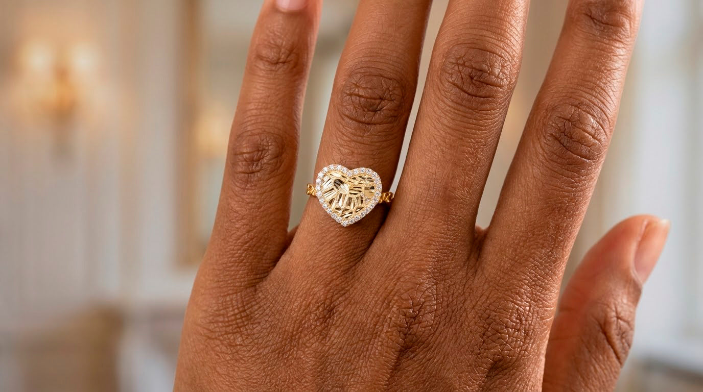 10K Gold Textured Open Heart Cubic Zirconia Ring