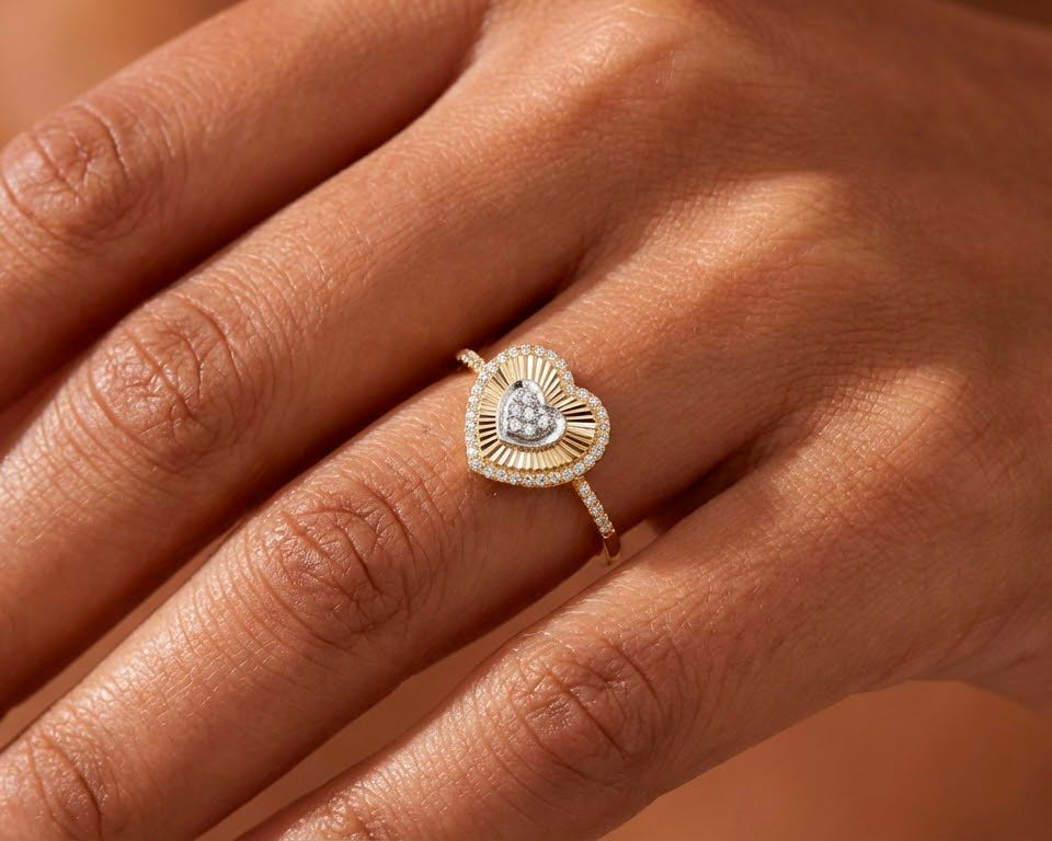 10K Gold Sunburst Heart Halo Cubic Zirconia Ring