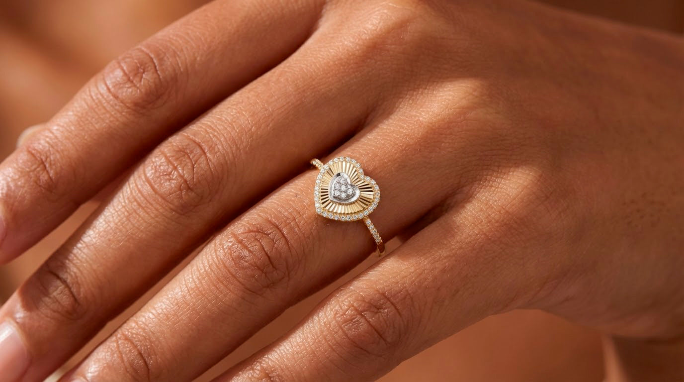 10K Gold Sunburst Heart Halo Cubic Zirconia Ring