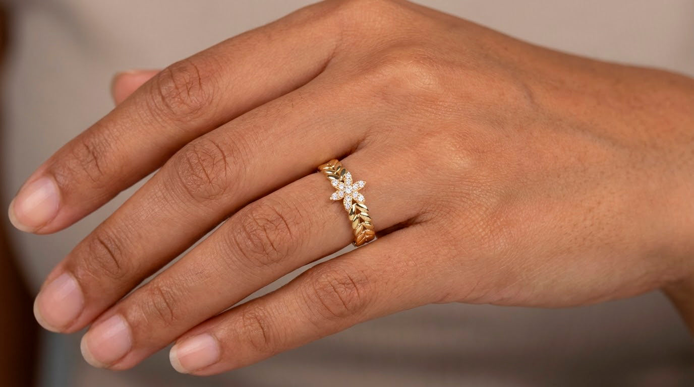 10K Gold Leaf Band Ring with Pavé Cubic Zirconia Floral Center