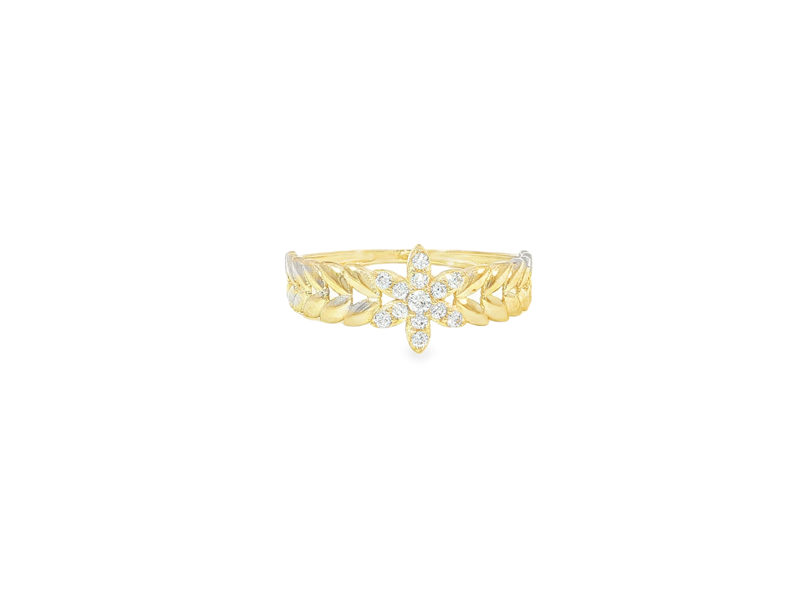 10K Gold Leaf Band Ring with Pavé Cubic Zirconia Floral Center