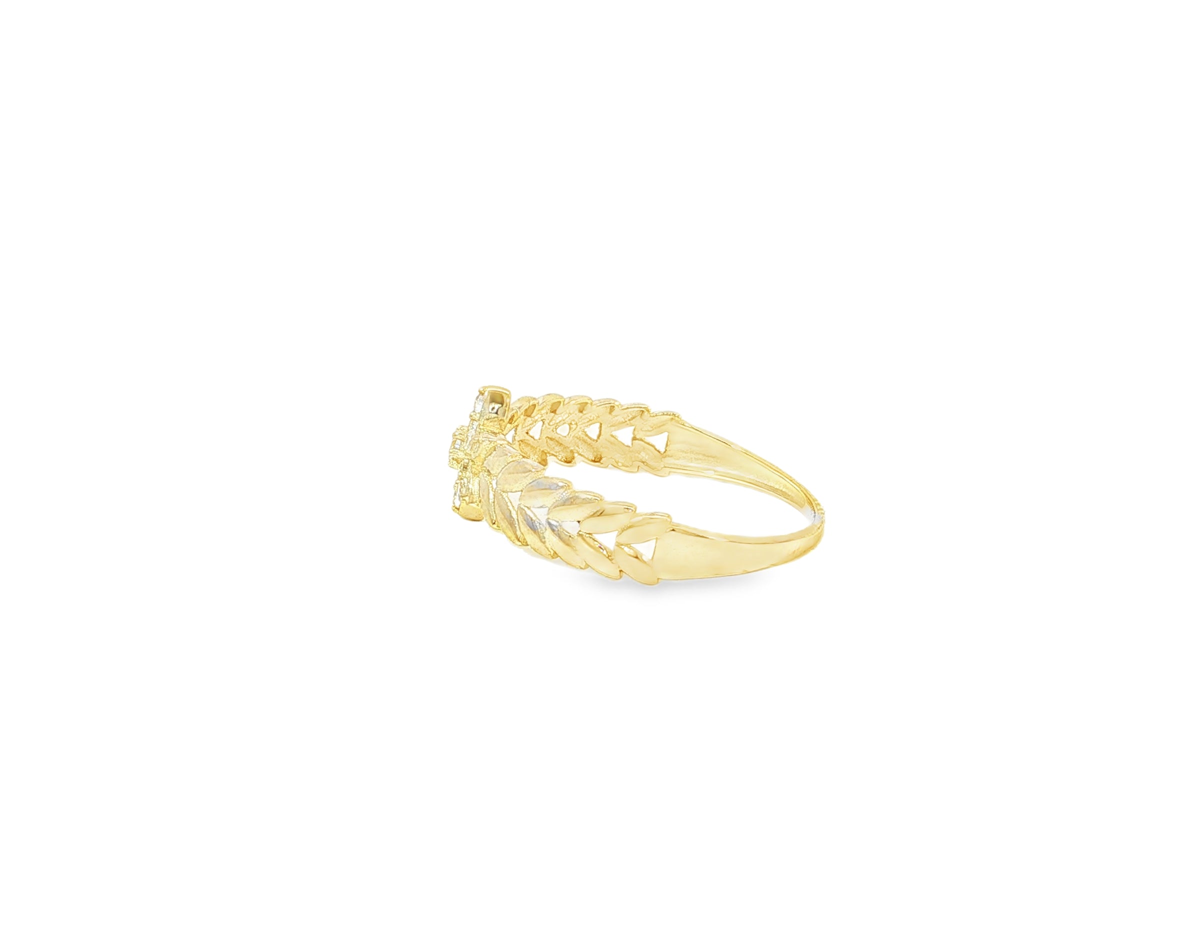 10K Gold Leaf Band Ring with Pavé Cubic Zirconia Floral Center