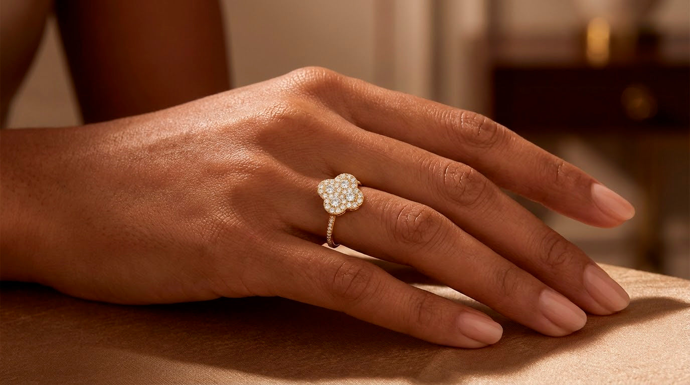 10K Gold Clover Shape Ring with Pavé Cubic Zirconia Accents