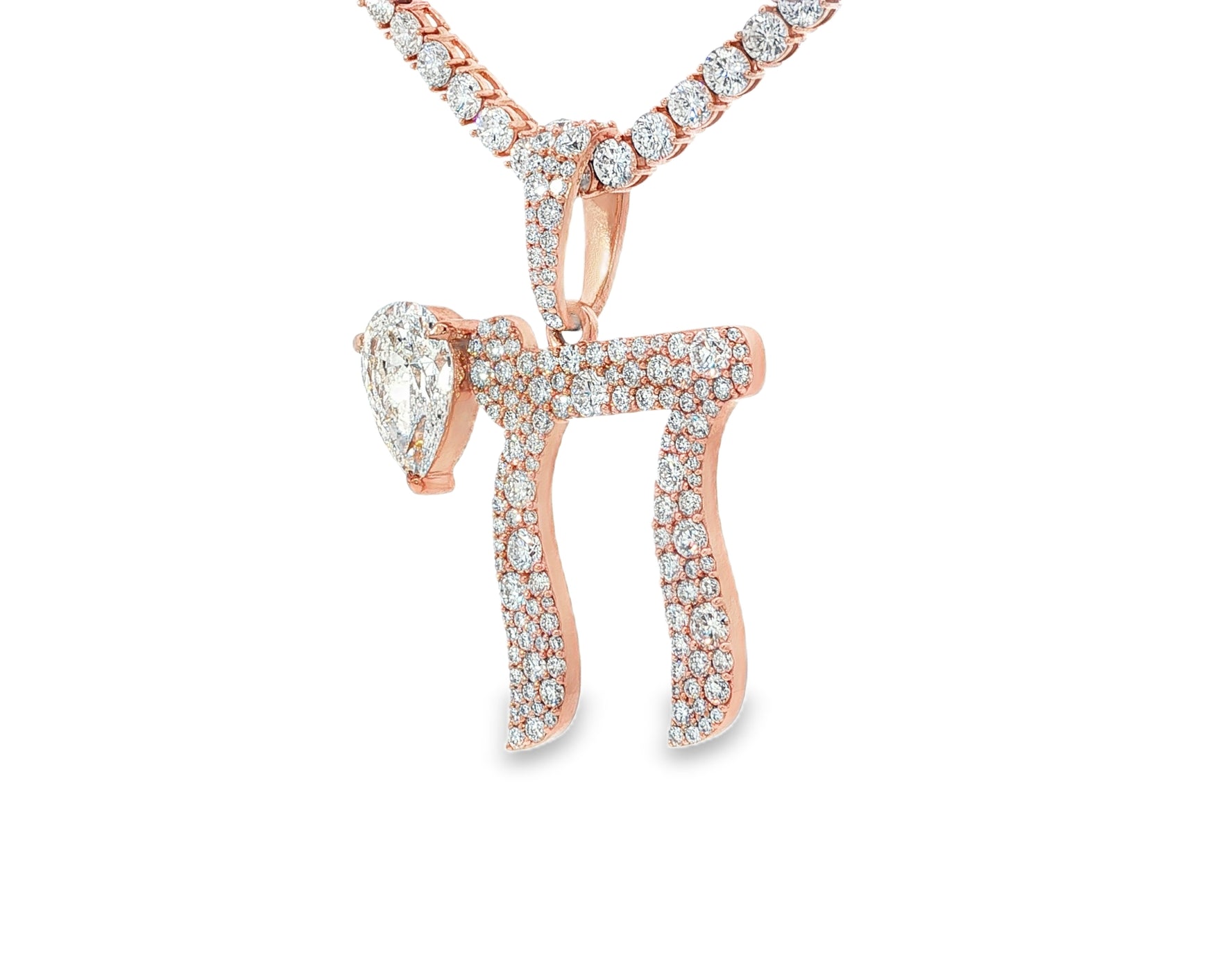 10k Hebrew Chai with Pear-Shape Accent & Round-Cut Pavé 5.40ct