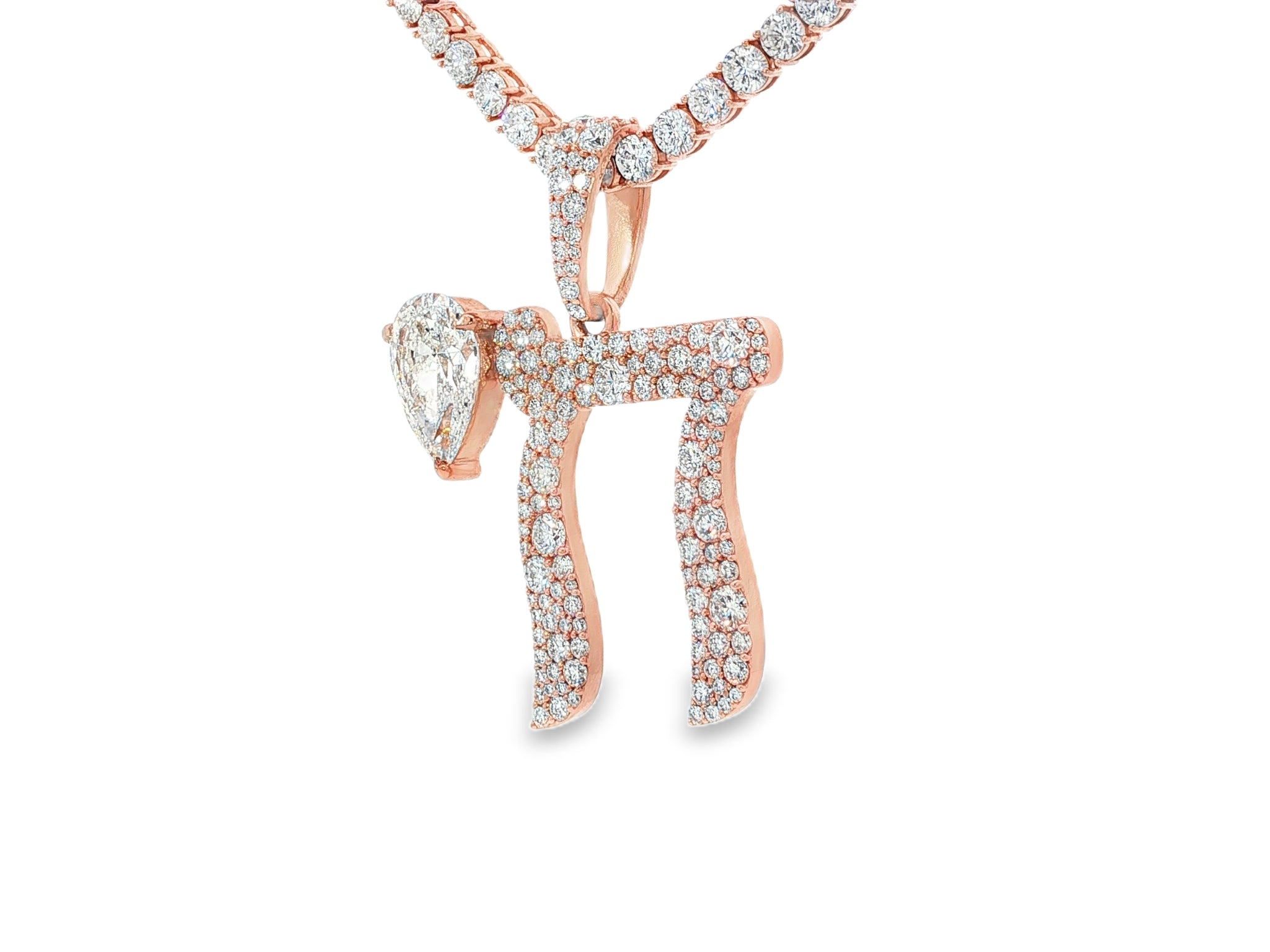 10k Hebrew Chai with Pear-Shape Accent & Round-Cut Pavé 5.40ct