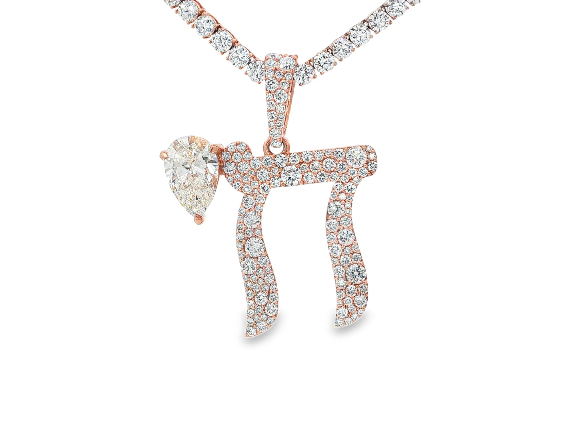 10k Hebrew Chai with Pear-Shape Accent & Round-Cut Pavé 5.40ct