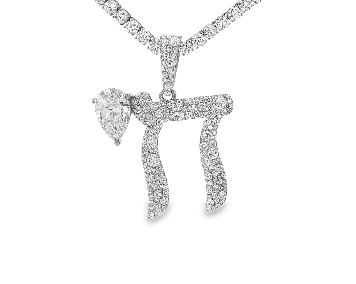 10k Hebrew Chai with Pear-Shape Accent & Round-Cut Pavé 5.40ct