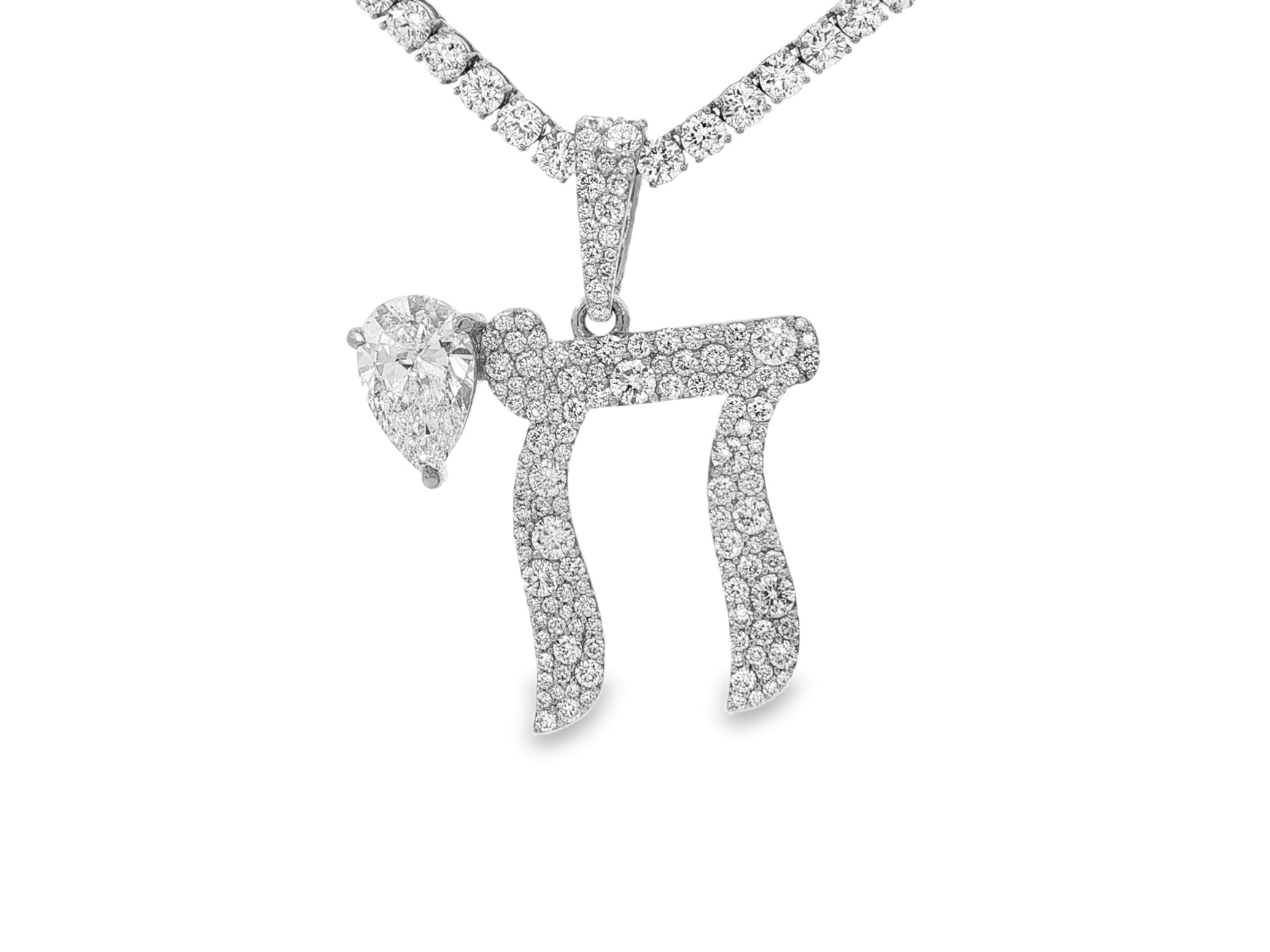 10k Hebrew Chai with Pear-Shape Accent & Round-Cut Pavé 5.40ct
