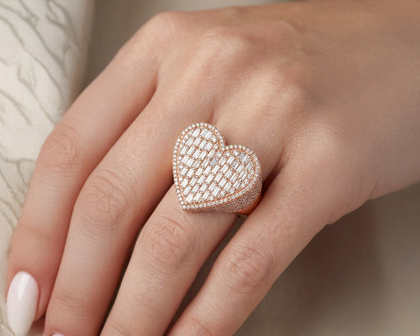 10k Diamond Heart Ring with Baguette & Pavé Halo Design 2.13ct