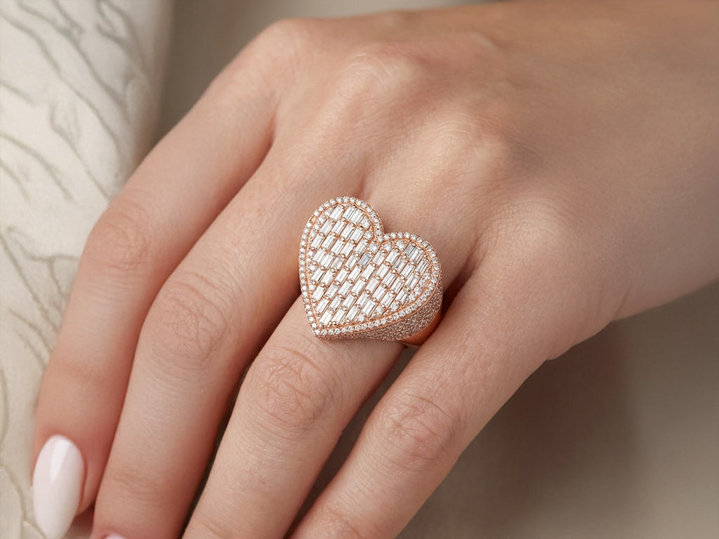 10k Diamond Heart Ring with Baguette & Pavé Halo Design 2.13ct