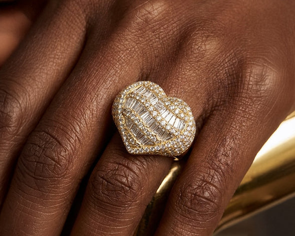 10k Diamond Heart Ring with Baguette Waves & Pavé Dome Design 2.30ct