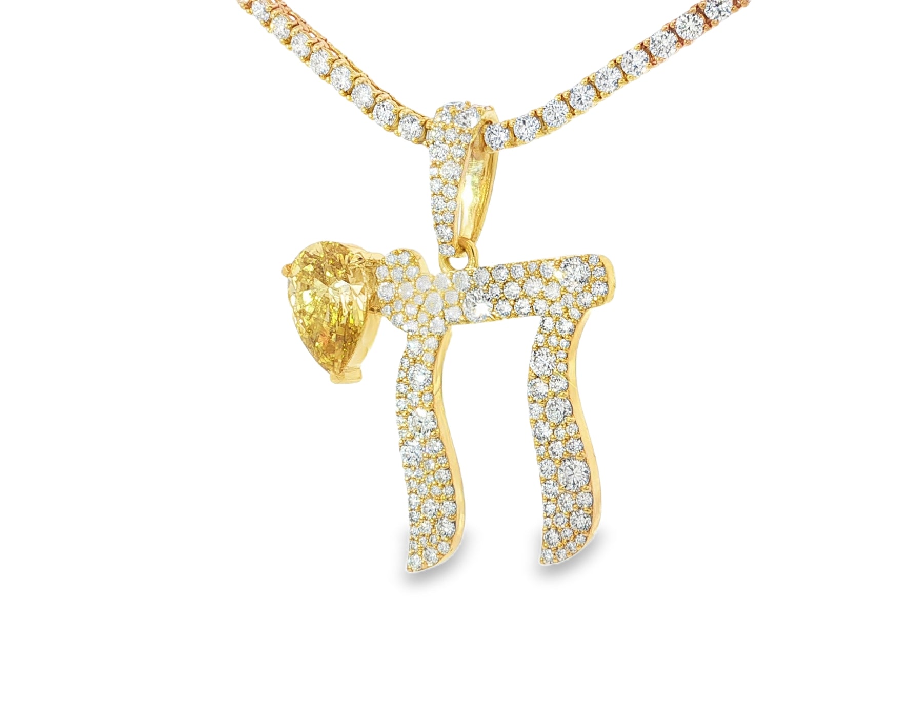 10k Hebrew Chai with Lux Pear-Shape Accent & Round-Cut Pavé 5.40ct
