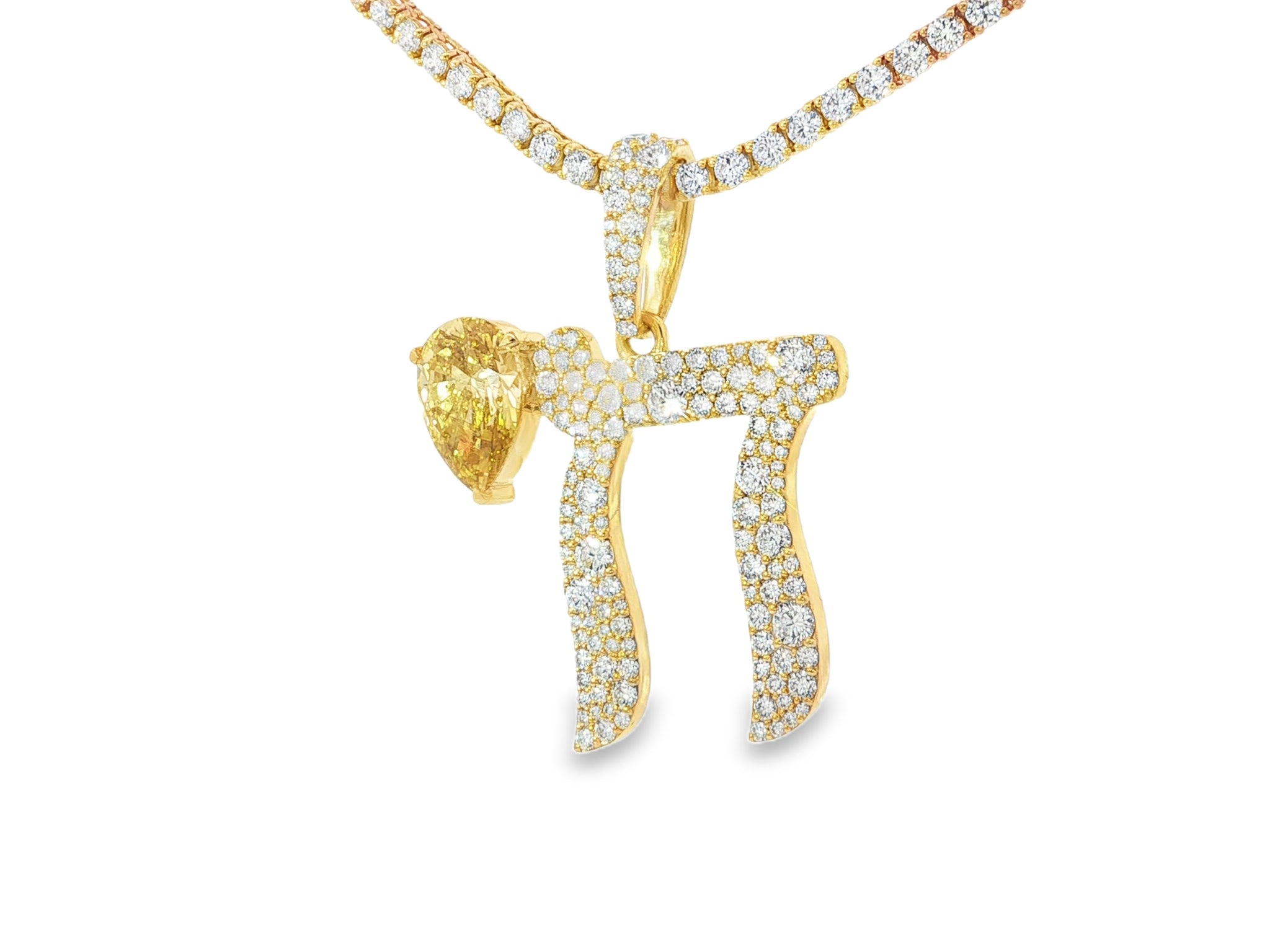 10k Hebrew Chai with Lux Pear-Shape Accent & Round-Cut Pavé 5.40ct