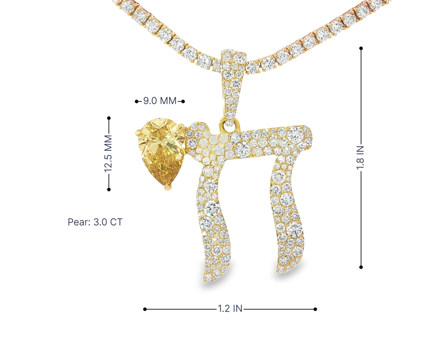 10k Hebrew Chai with Lux Pear-Shape Accent & Round-Cut Pavé 5.40ct