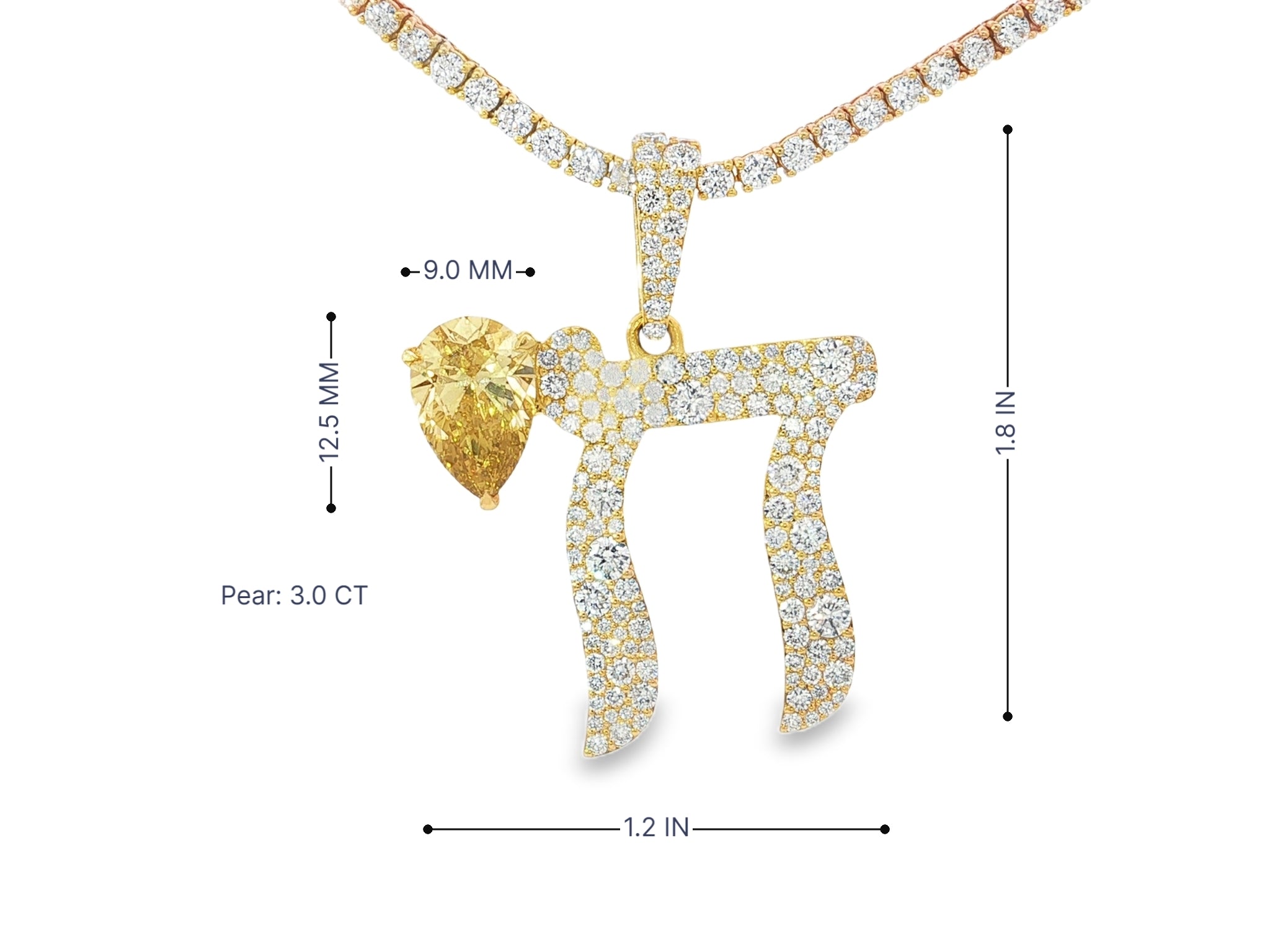10k Hebrew Chai with Lux Pear-Shape Accent & Round-Cut Pavé 5.40ct