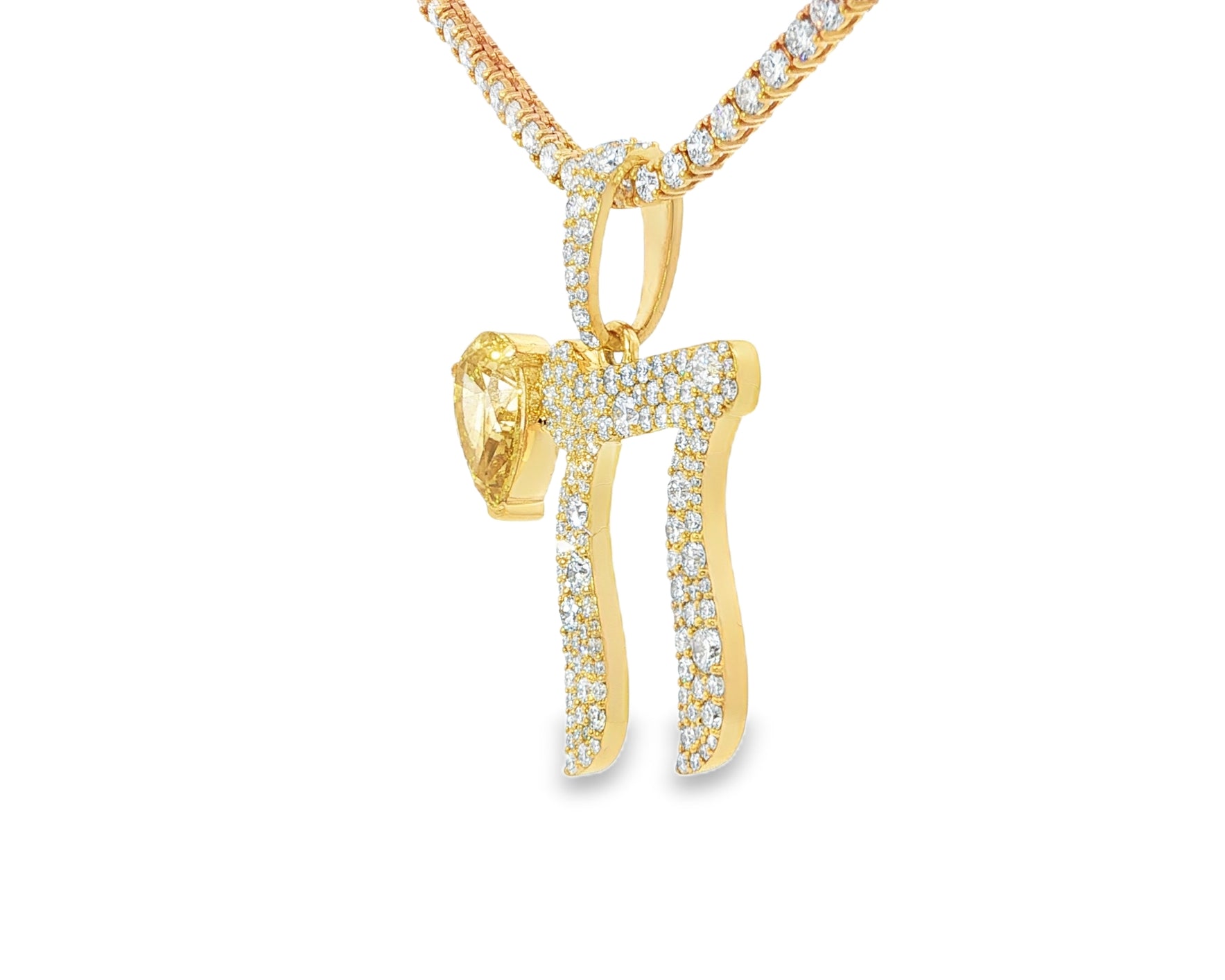 10k Hebrew Chai with Lux Pear-Shape Accent & Round-Cut Pavé 5.40ct