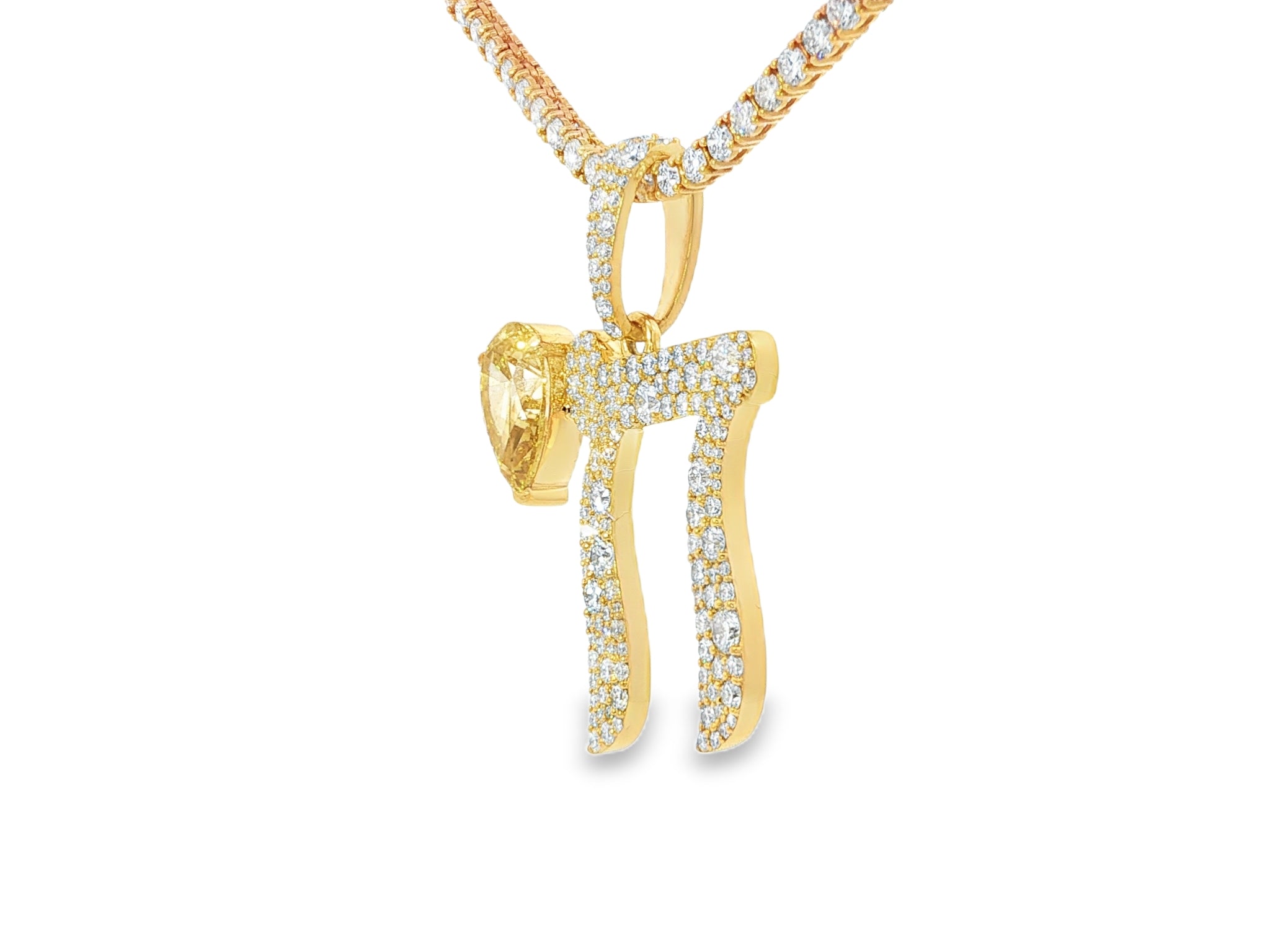 10k Hebrew Chai with Lux Pear-Shape Accent & Round-Cut Pavé 5.40ct