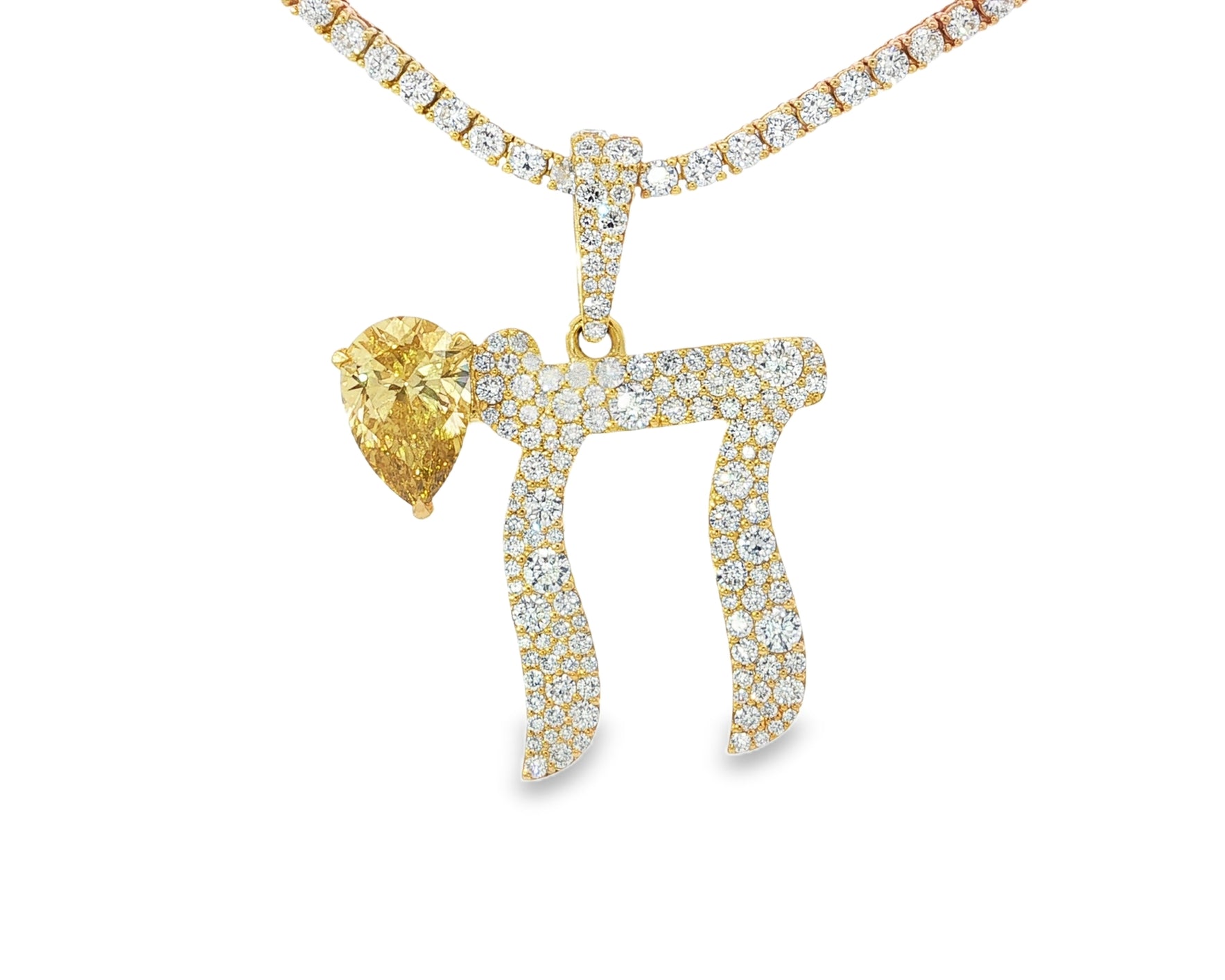 10k Hebrew Chai with Lux Pear-Shape Accent & Round-Cut Pavé 5.40ct