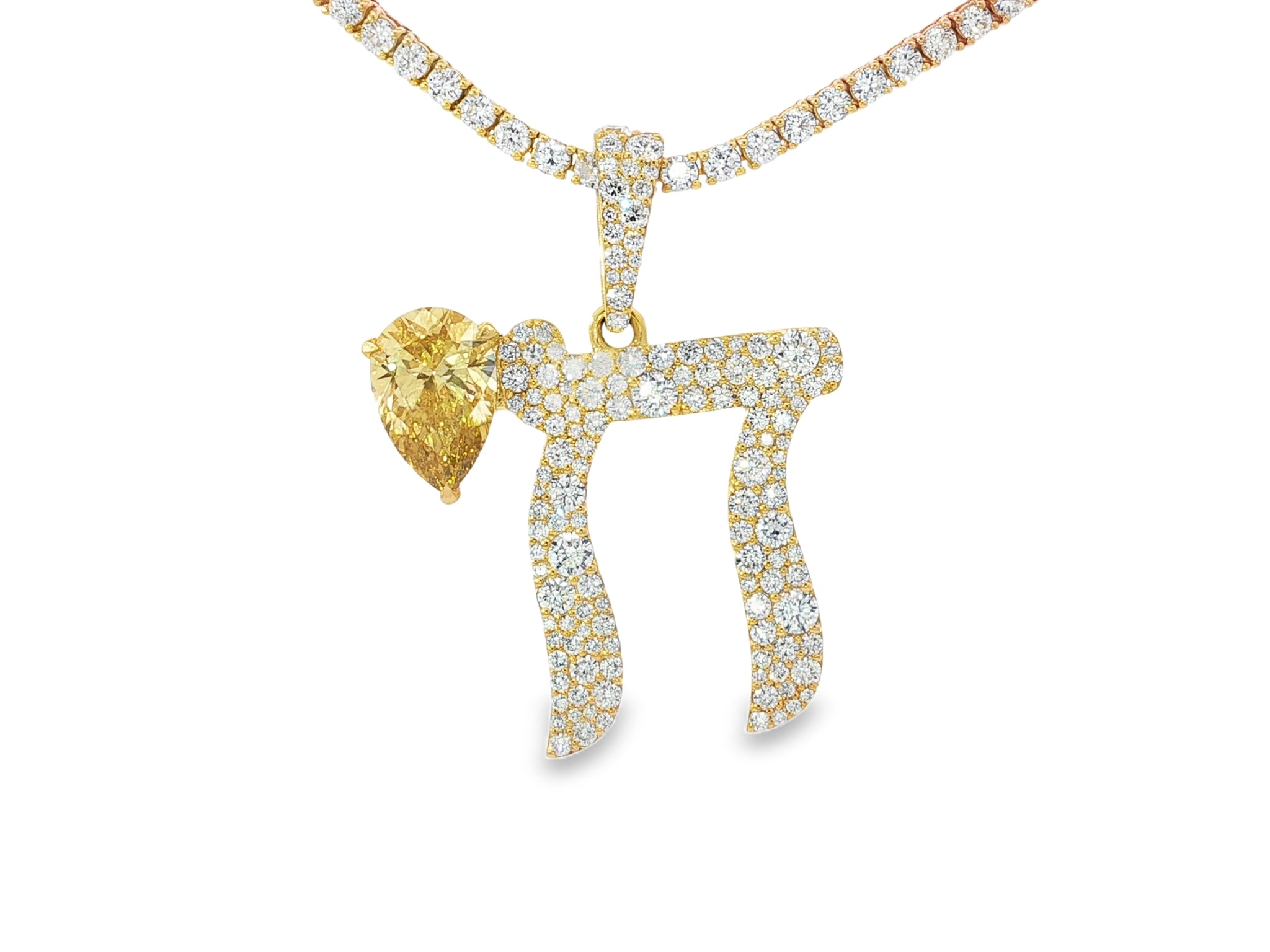 10k Hebrew Chai with Lux Pear-Shape Accent & Round-Cut Pavé 5.40ct