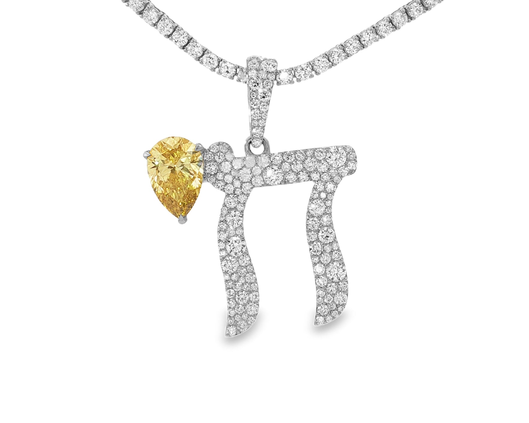10k Hebrew Chai with Lux Pear-Shape Accent & Round-Cut Pavé 5.40ct